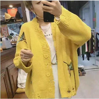 Новинка 2019 Женский вязаный хлопковый желтый свитер с вышивкой птицы Harajuku одежда