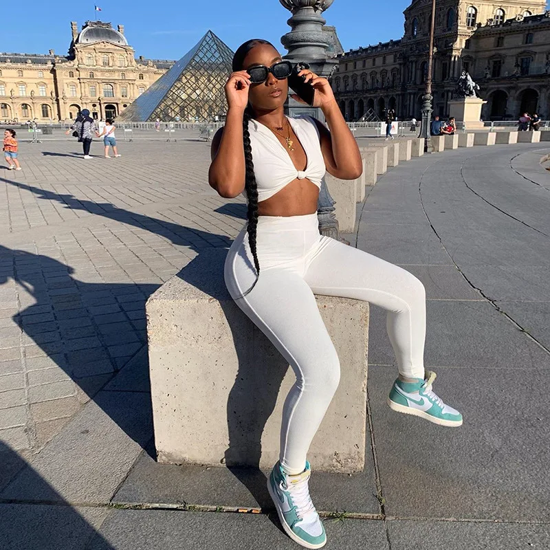 

Skinny Fitness 2 Pieces Tight Sports Suit Set Women Sporty Sexy Sleeveless Deep V Blackless High Waist Leggings Outfits Leisure