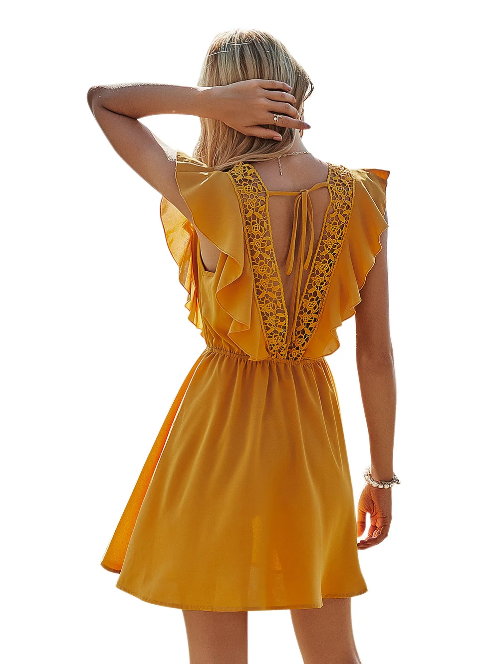 

Summer Elegant Beach V-neck midi ruffles sleeve floral chiffon dress Womens retro Slim high waist Lace stitching A-line dress