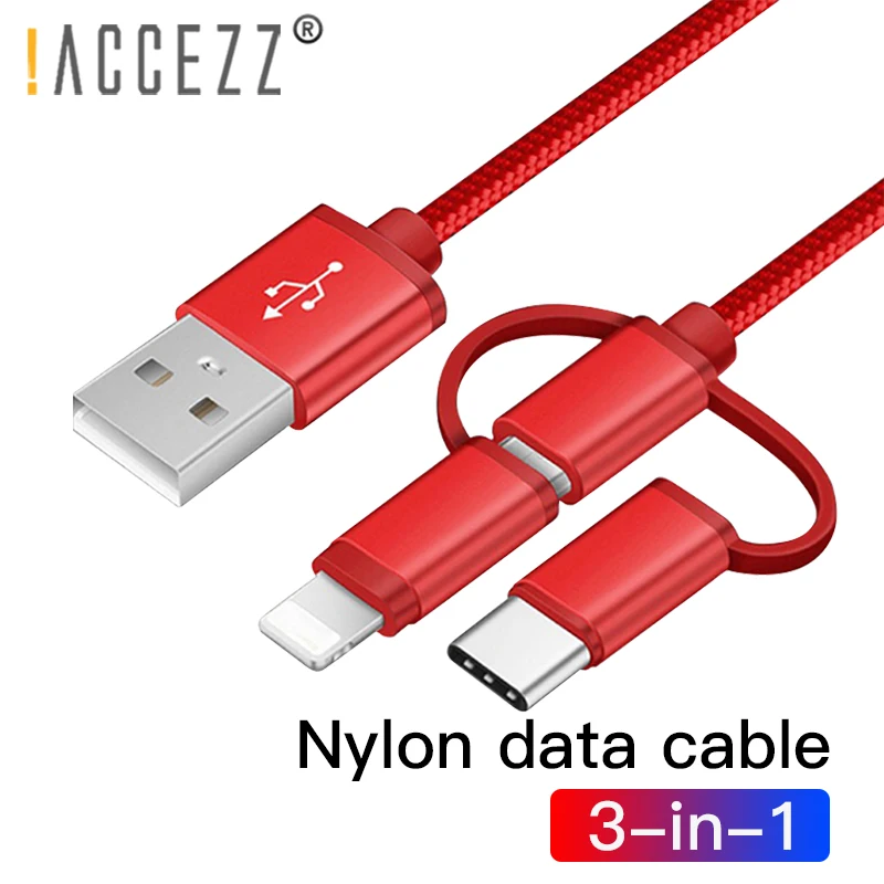 ! ACCEZZ 3 в 1 нейлоновый освещение кабель с разъемом Micro USB Type C для зарядного