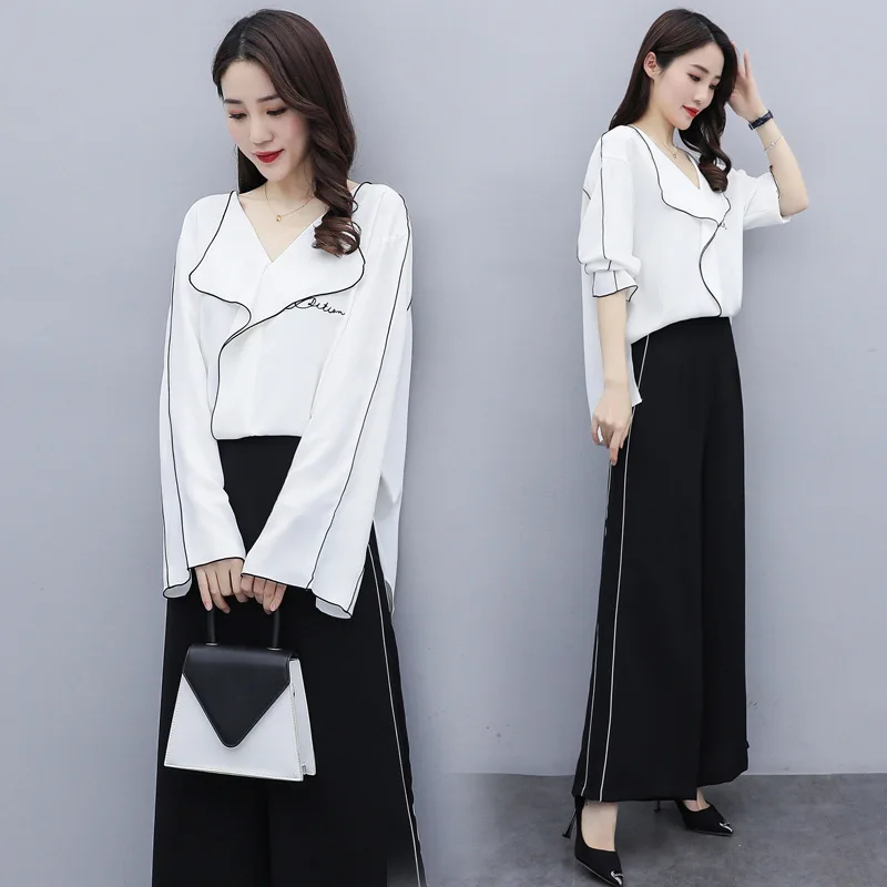 

2021 New Elegant Spring Fall Women Suits 2 Pcs Set Long Sleeve Chiffon Blouse Shirt Loose Wide Leg Pants Office Ladies Pantsuits