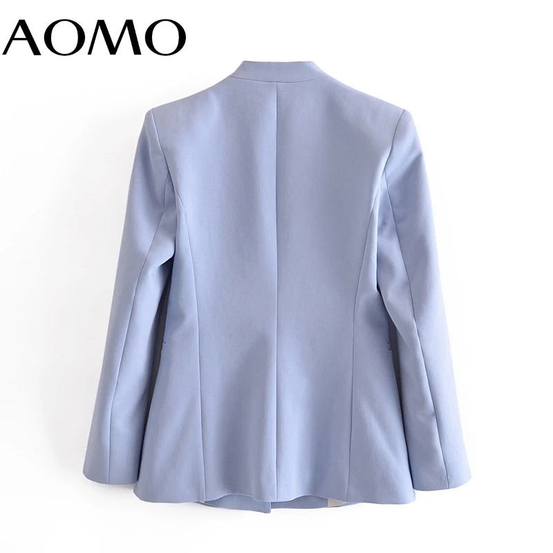

AOMO Women Solid Blue Blazer Coat Vintage Pocket 2021 Fashion Female Casual Chic Tops QN164A