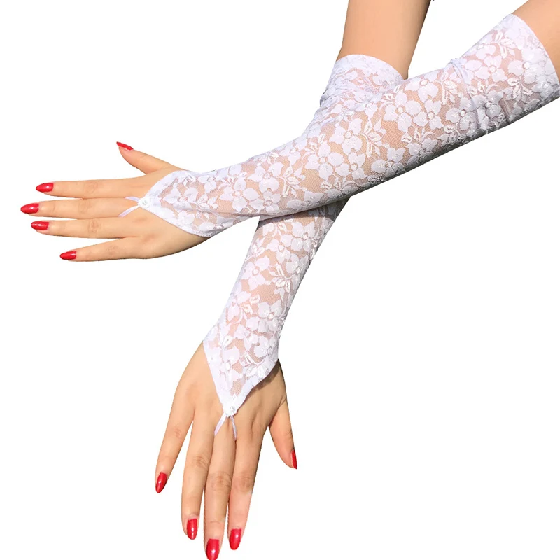 Перчатки женские кружевные без пальцев, пикантные эластичные с цветочным принтом, с длинным крючком, с яркими бриллиантами, 1 пара от AliExpress WW