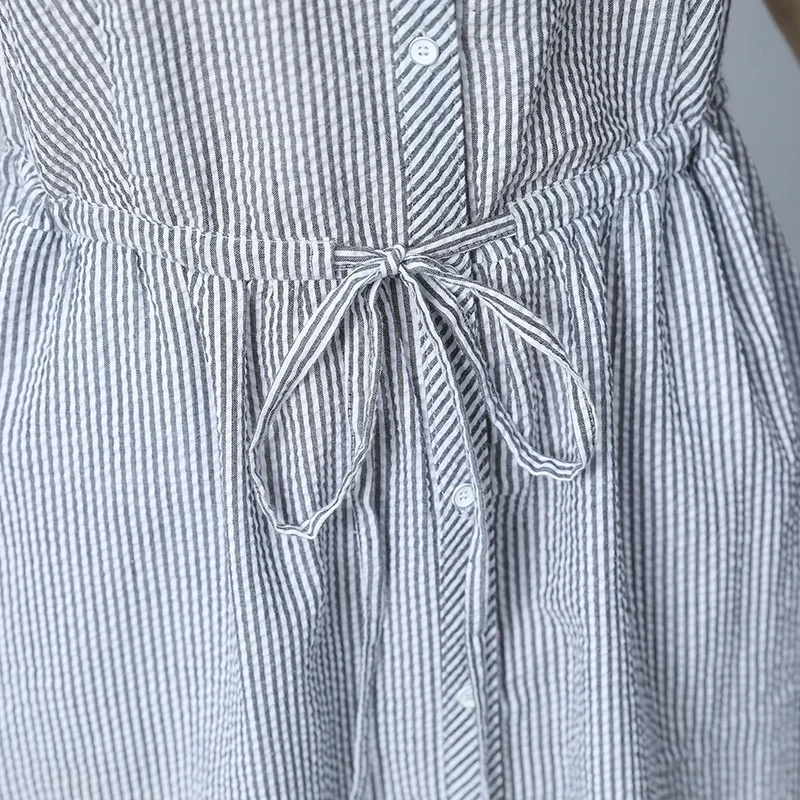 

Women Cotton Dress Summer 2020 New Fashion Stripes Short-sleeve V-neck Lacing Sashes Slim Dress Mid-length Dress Female Black