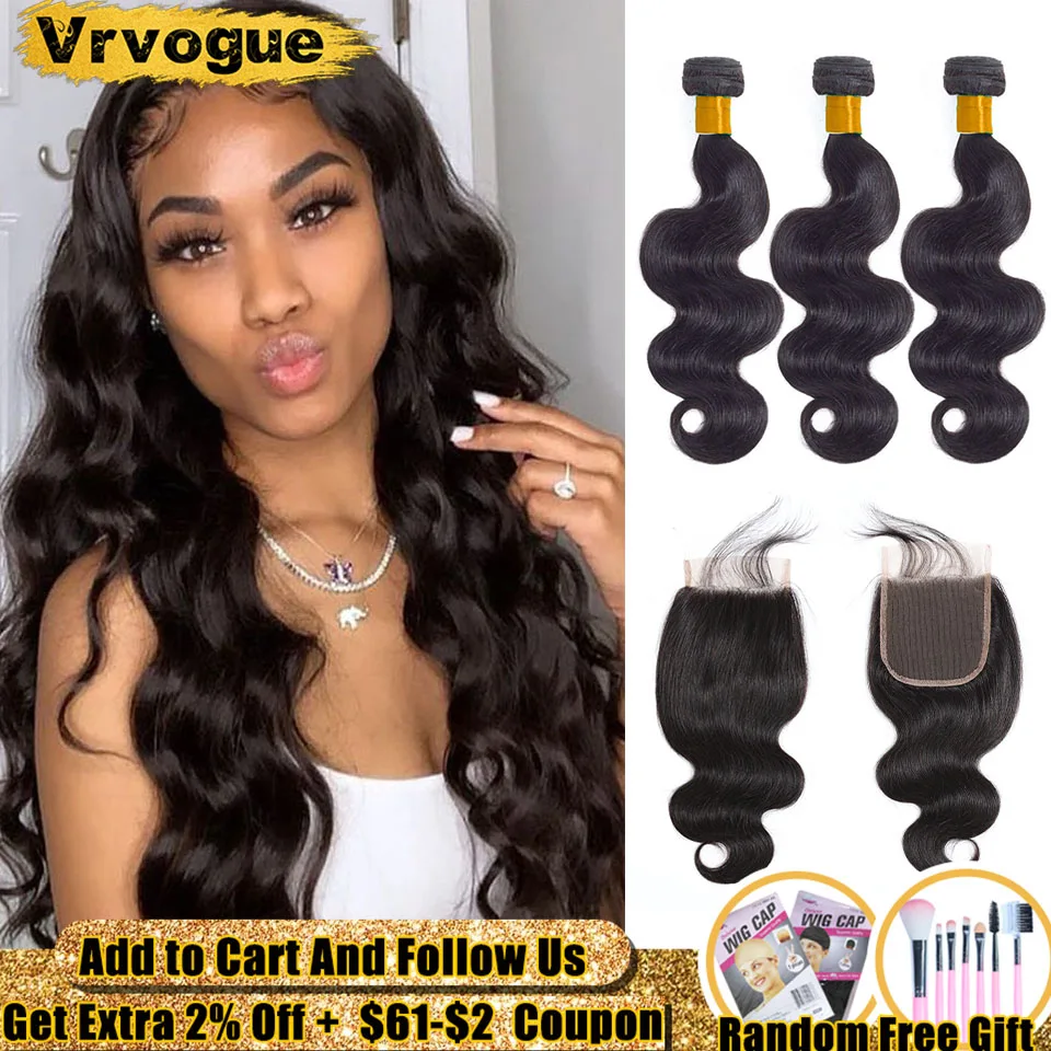 

Body Wave Bundles With Closure Remy Human Hair Weave 3 Bundles With 4x4 Lace Closure Brazilian Hair Free/Middle Part Vrvogue
