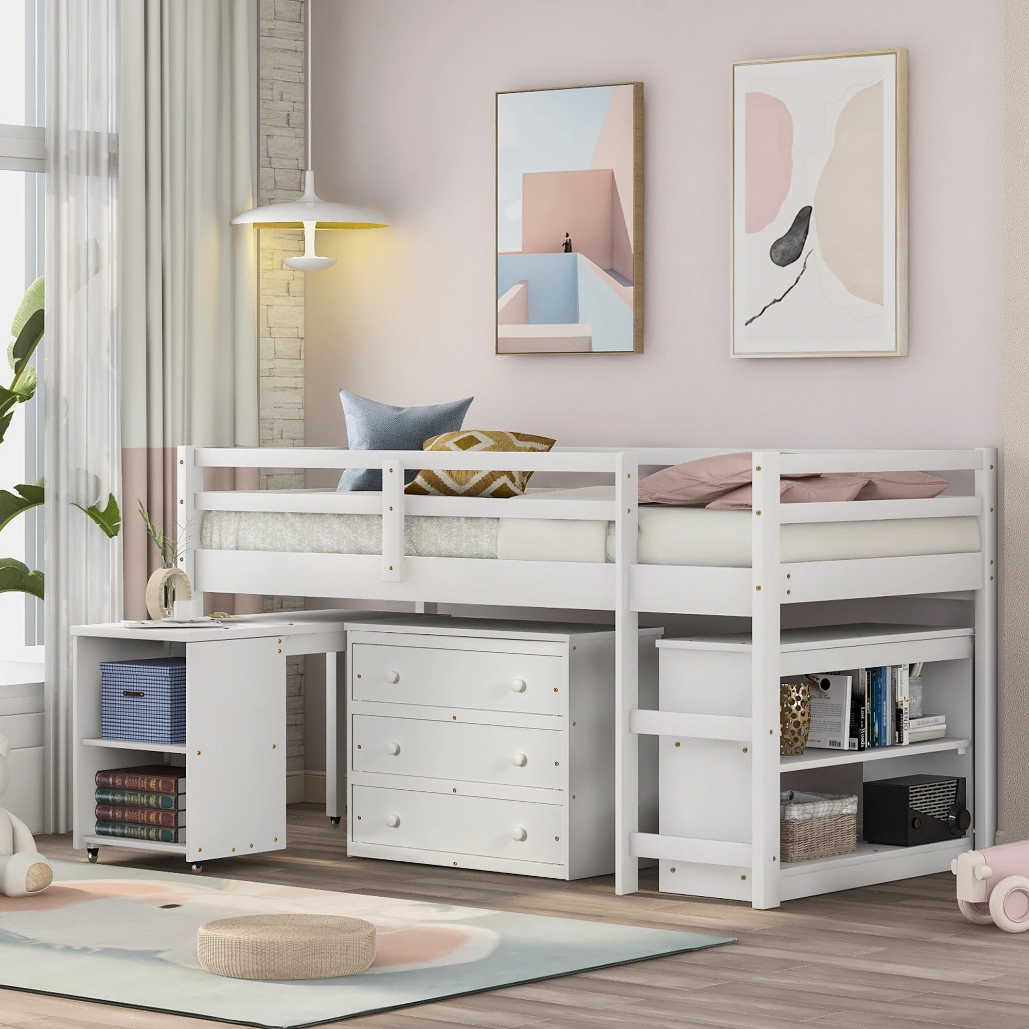 

"Low Study Twin Loft Bed with Cabinet and Rolling Portable Desk, White