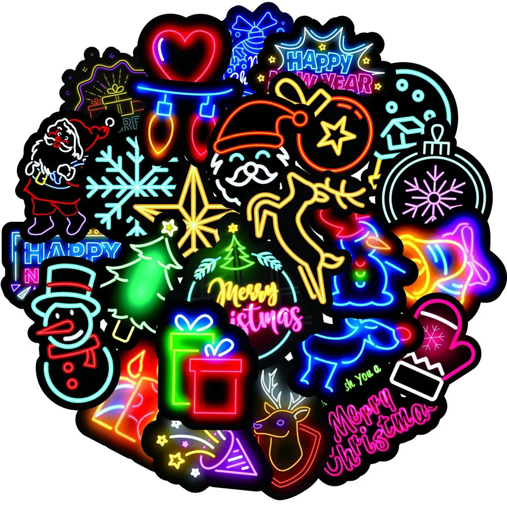 10/30/50 Uds de dibujos animados de Navidad de ne&oacute;n Graffiti equipaje ordenador port&aacute;til casco cubierta de carrito impermeable decorativo Etiqueta de venta al por mayor-3