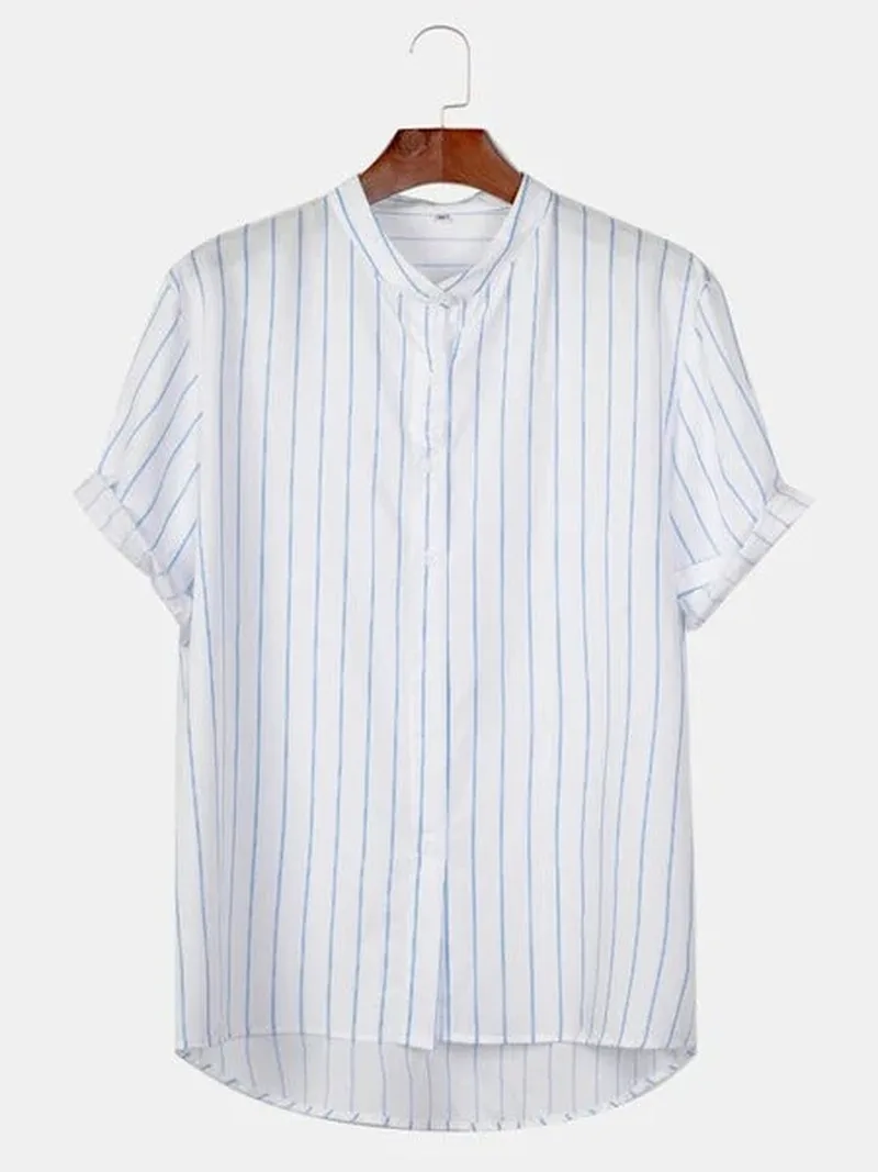 

Men Clothing 202 Spring Summer New Hot Selling European American Fashion Stand-collar Solid Color Short-sleeved Shirt Men