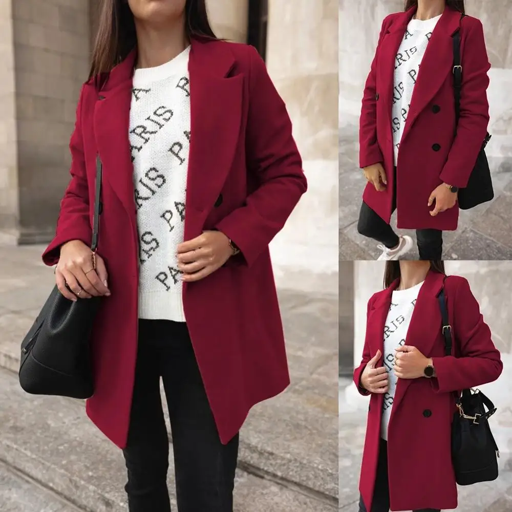 

2021Women's autumn and winter fashion wide lapel double-line button warm jacket fashion jacket warm solid color jacket