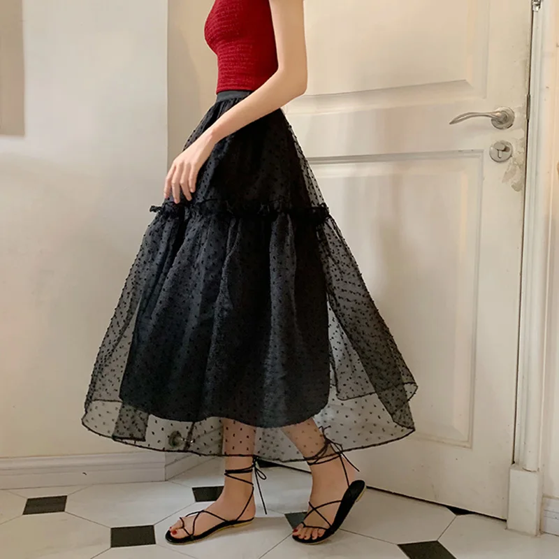 Женская летняя юбка из тюля в горошек новинка 2019 модная черная миди сеточку