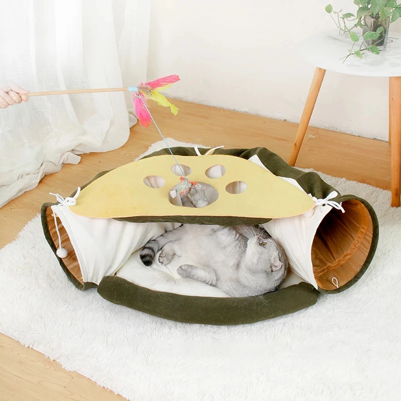 

Туннель для котят со съемным моющимся ковриком, комнатная палатка для домашних животных, кровать, игрушки для кошек, домик для кошки с шарик...