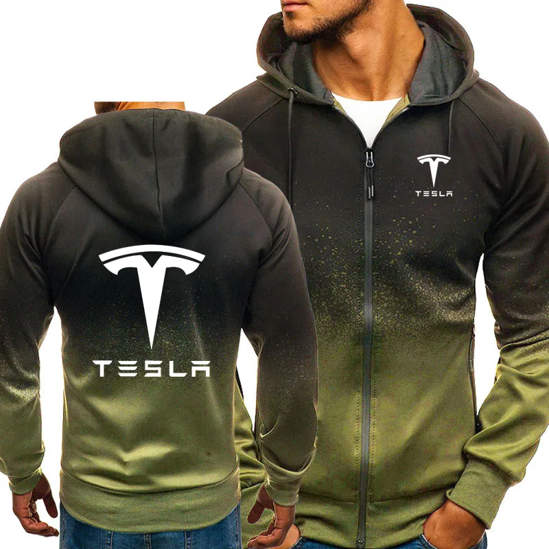 

Hoodies Men Tesla Car Logo Print Casual HipHop Harajuku Gradient color Hooded Mens Fleece Sweatshirts zipper Jacket Size S-3Xl