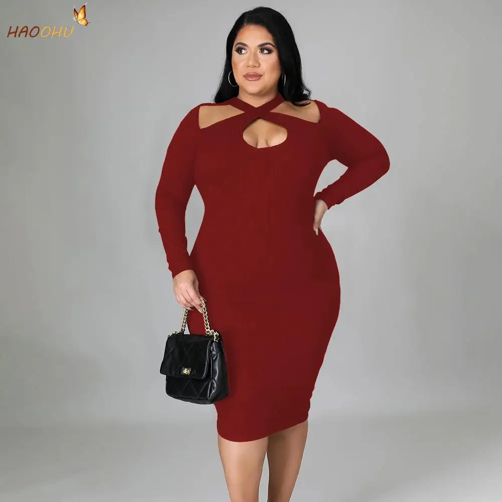 

HAOOHU Plus Size Women Clothing Dresses 2021 New Sunken Stripe Solid Color Dress Large 5XL Urban Autumn Winter Sexy Temperament