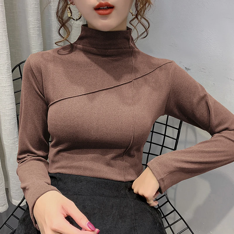 

European Bottoming Shirt Women's 2020 Autumn/Winter New Double-Sided Brushed Half High Neck Thick Long-Sleeved Top