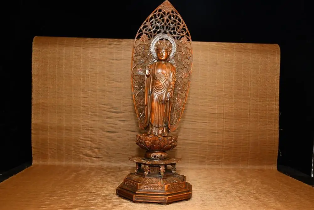 

Home Decor 13" China Collection Old Boxwood Shakyamuni Standing Buddha Siddhartha Gautama wood carving Amitabha Buddha Statue