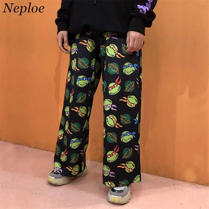 Neploe Ретро мультфильм печатных брюки Харадзюку Уличная Брюки женские мужские широкие брюки Pantalones Mujer Cintura Alta 38085