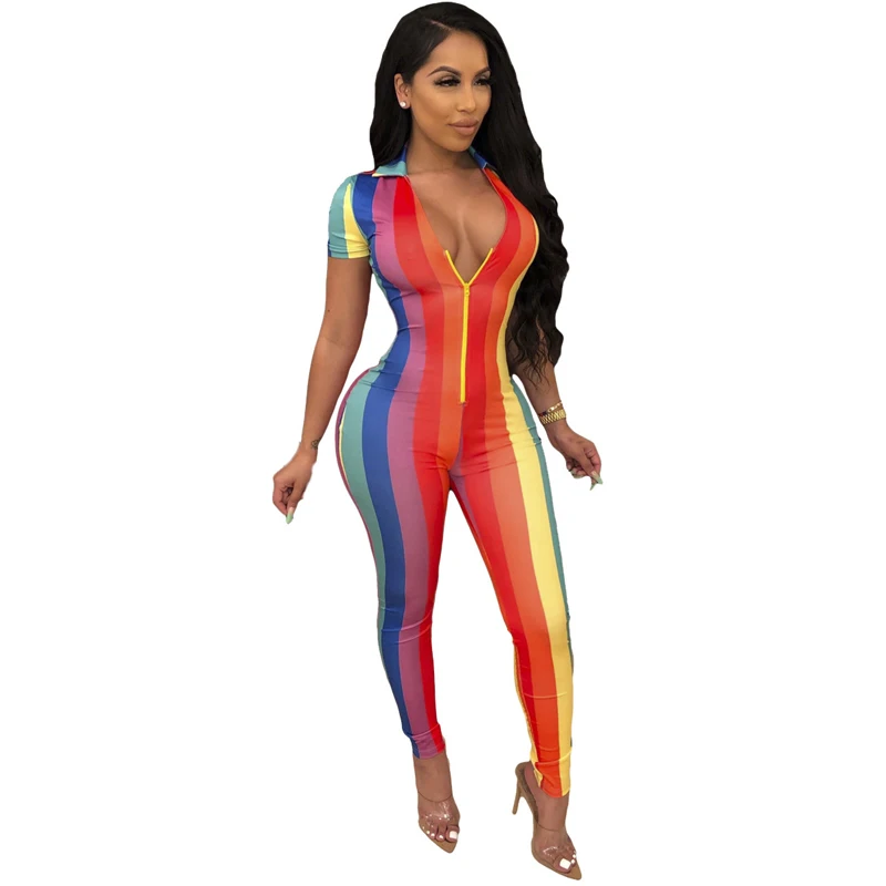 Red Rainbow Striped Rompers Womens Jumpsuit Summer Front Zipper Short Sleeve Bodycon Overall Streetwear Deep V Neck Skinny Bodysuits - Цвет: Red