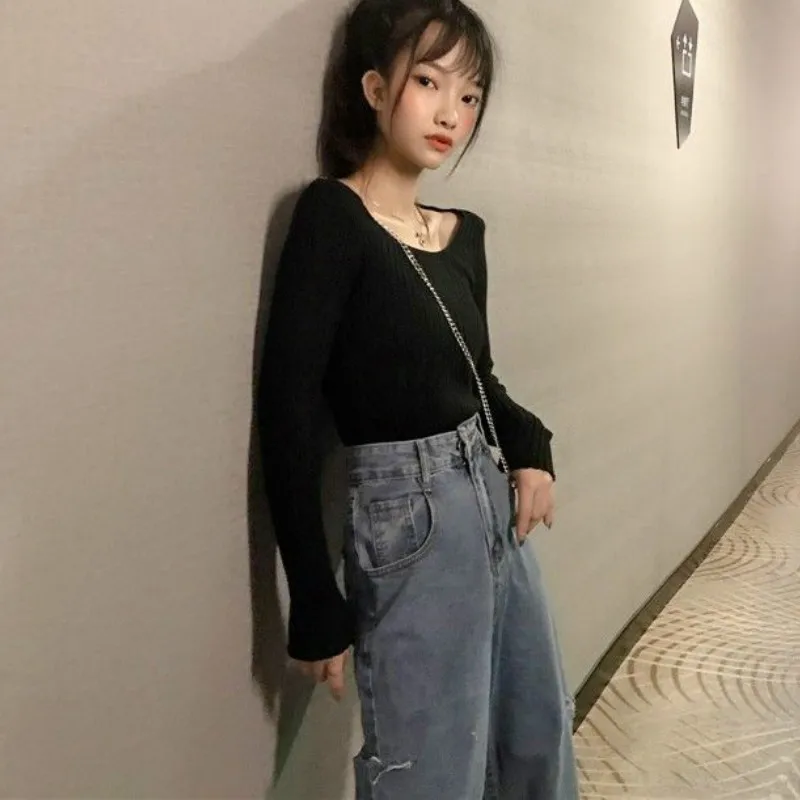 

Women Pullovers Colorful Elastic Square Collar Long Sleeve Leisure Chic Korean Style Autumn Spring Slim Retro Vintage Lady Ins