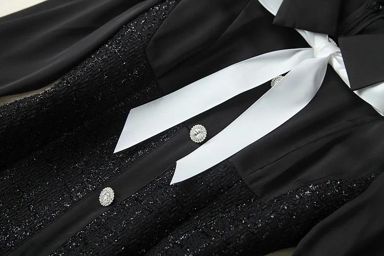 

European and American women's wear 2020 winter new style Long-sleeved bow lapel stitching tweed fashion dress