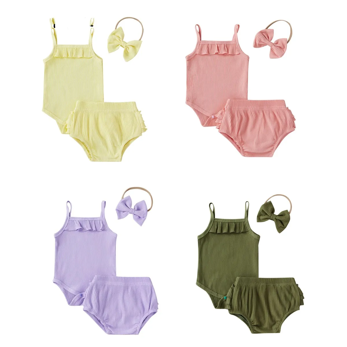 

3Pcs Fashionable Baby Girls Outfit Summer Breathable Solid Color Sleeveless Suspender Romper + Casual Shorts + Bow Headwear