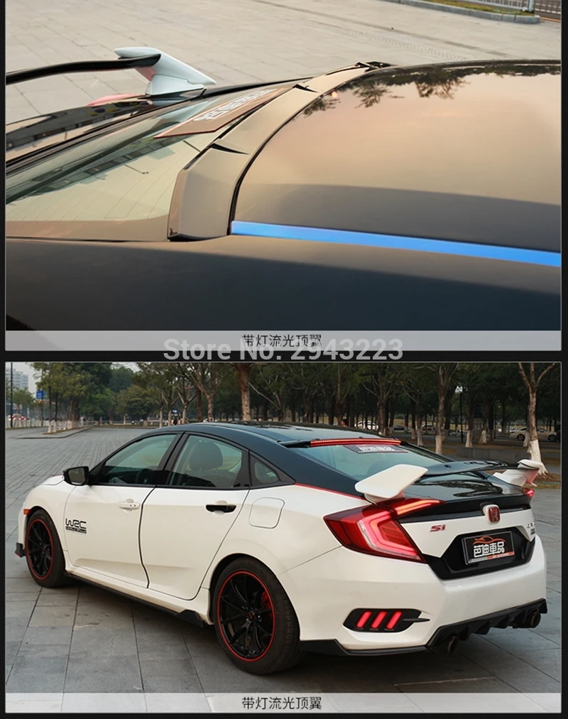 For Honda Civic Spoiler 10th ABS Plastic Gloss Black Color Rear Roof Trunk Wing Boot Rear Spoiler With Led Light