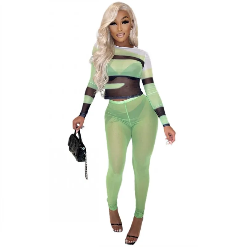 

Y2k комплект из двух предметов, женский укороченный топ и штаны с высокой талией, костюмы, осенняя модная пикантная сетчатая Прозрачная Клубн...