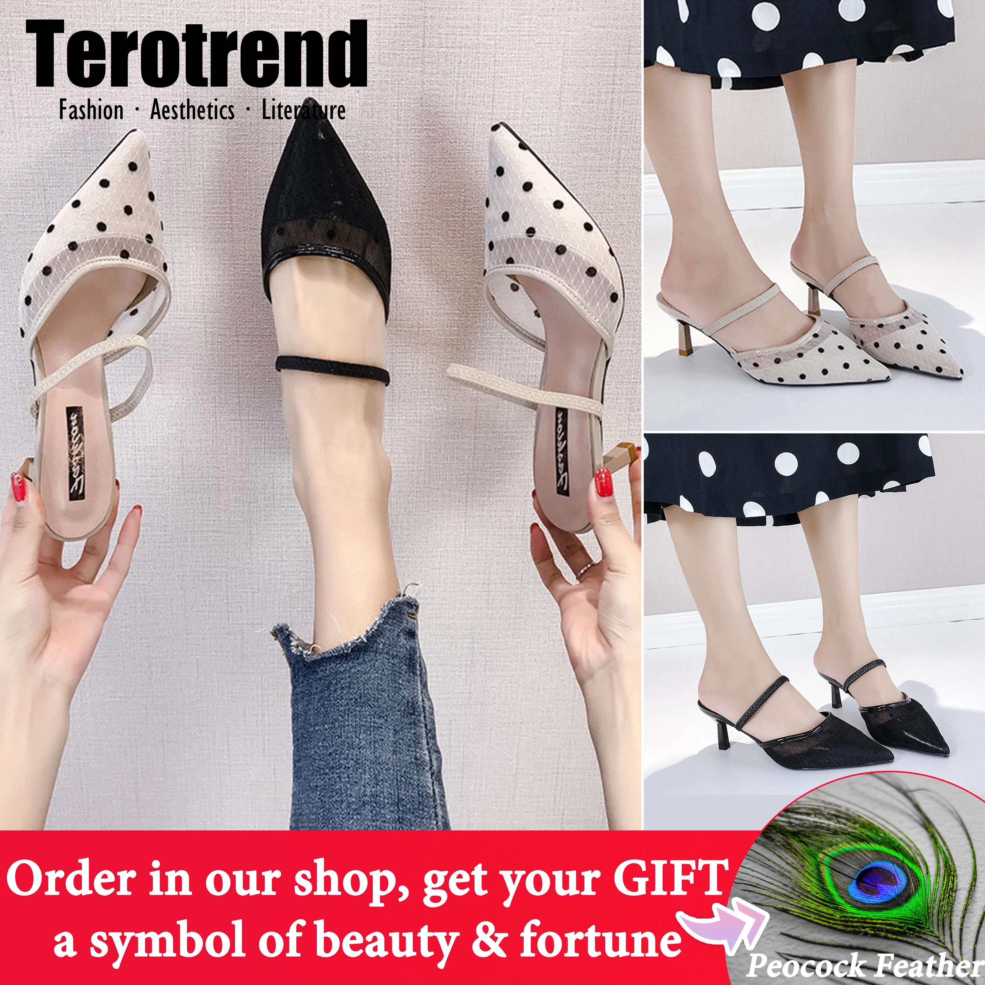 Женские босоножки в горошек с острым носком на высоком каблуке 6 см уличные