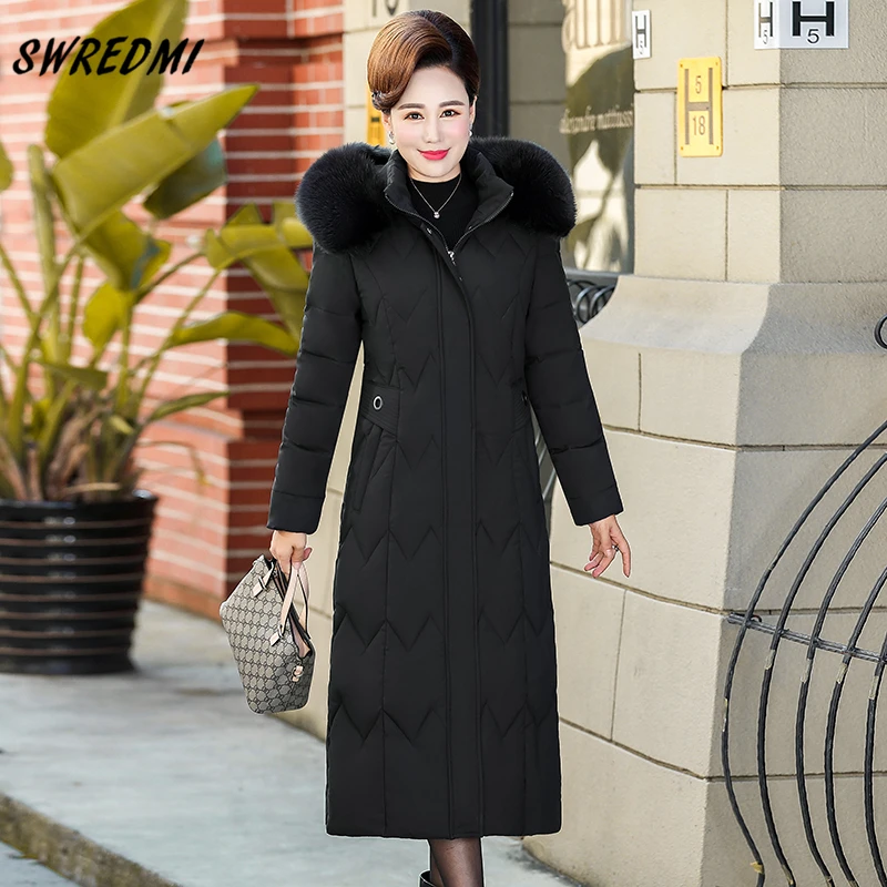 SWREDMI X-Long Winter Coat Women Thicken Warm Parkas Wadded Jacket Female Stylish Plus Size L-6XL Padded Clothing Ladies