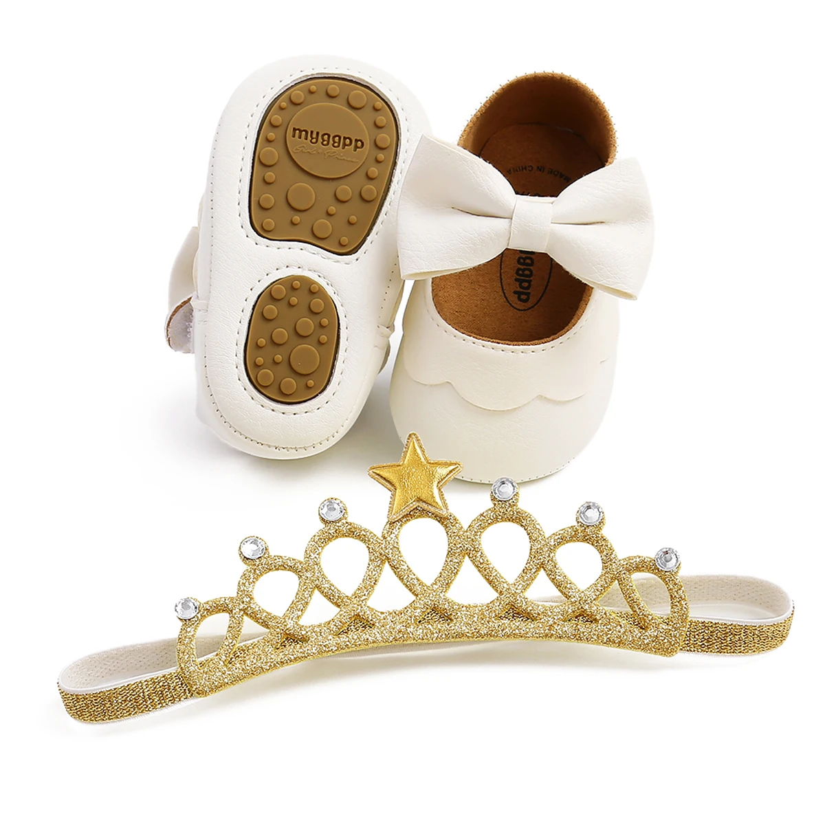 

Baby Baptism Shoes and Headband Set, Cute Bowknot Hard Outsole Mary Jane Flats and Crown Hairband for Infant Girls