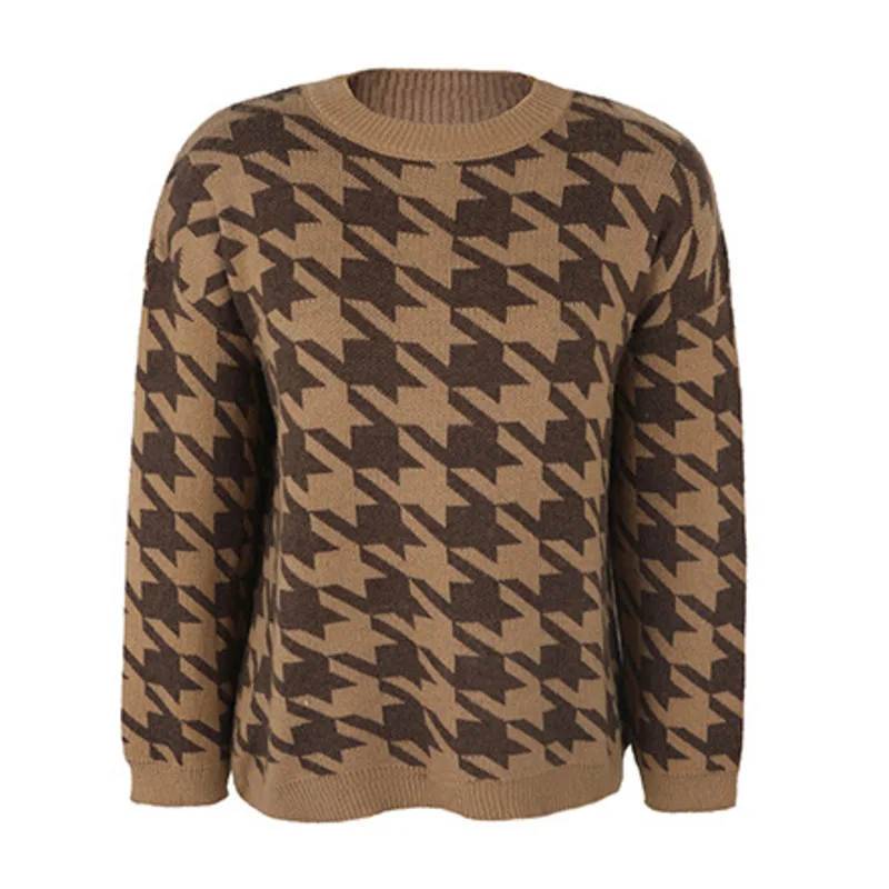 

2021 Autumn Winter New Women's Houndstooth Sweater Fashion O-Neck Knitted Pullovers Female Casual Jumper Casual Tops
