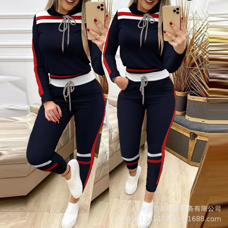

WEPBEL Autumn Winter Fashion Long Sleeve Hooded Sweatshirt + Lace-up Pencil Pants Suit Women's Casual Stitching Sports Suit