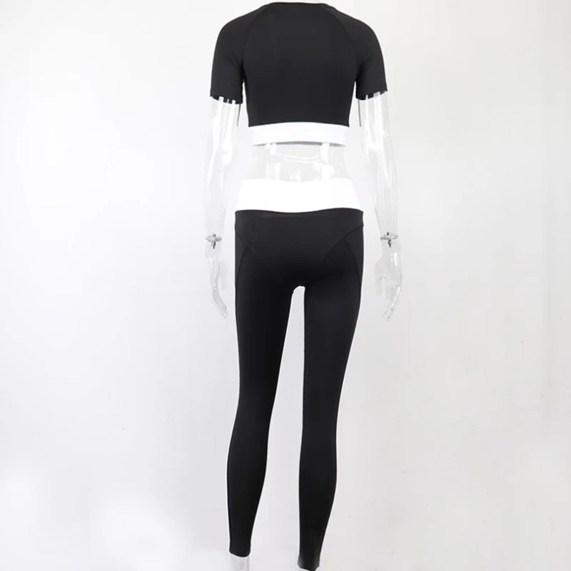 

1pcs women's fashion 2021 hot sale new solid color stitching short round neck short sleeve top fitness sports fashion suit