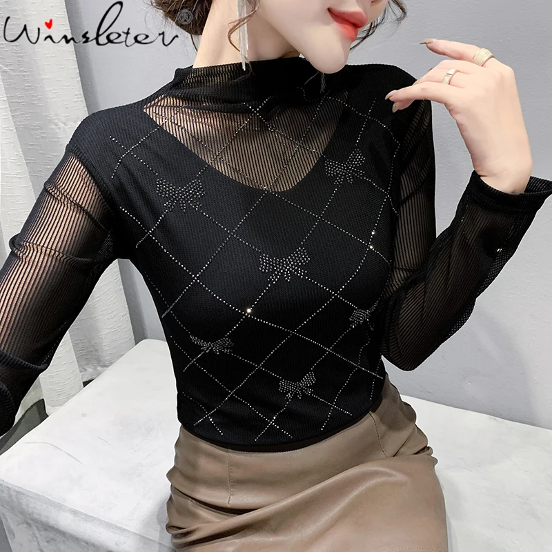 

MadBlack Spring Fall European Mesh Lady Office T-Shirt Sexy Mock Neck Patchwork Bowknot Diamonds Women Tops 2022 Tees T1D837A