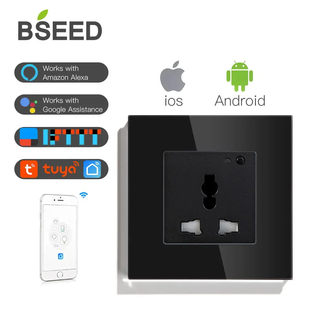 BSEED, Wifi, многофункциональная розетка, настенная розетка, умная розетка, черный, белый цвет, глоден, кристалл, панель, 13А, розетка для умного дома