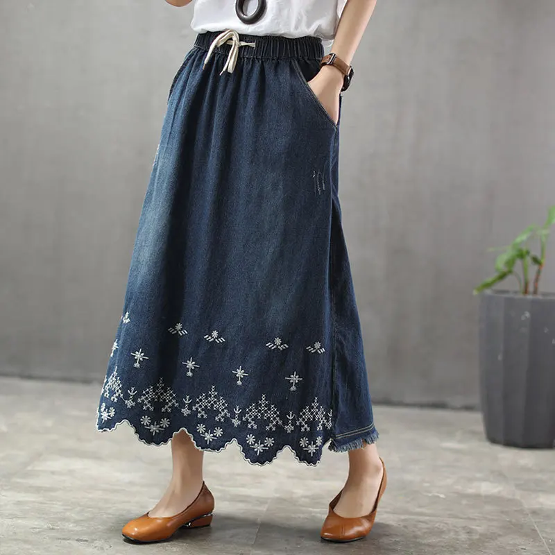 Новые женские юбки до середины икры с вышивкой и кисточками из хлопка денима