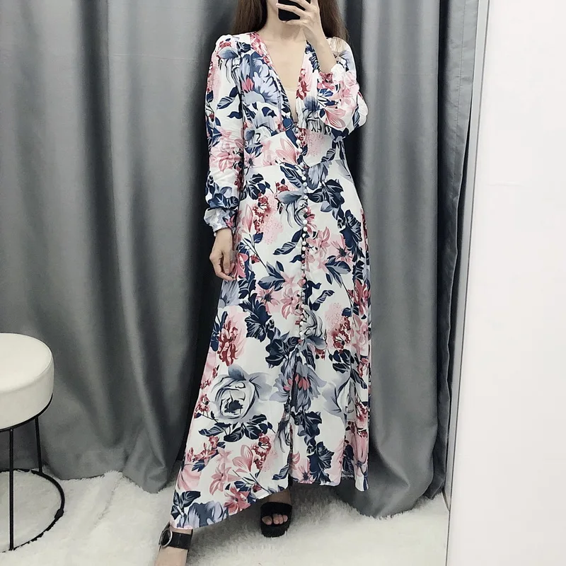 Женское длинное платье осень 2019 новое модное с цветочным принтом длинным рукавом
