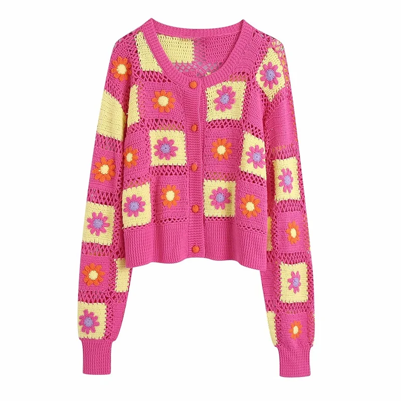 

MESTTRAF Women 2021 Fashion Round Neck Knit Crochet Cardigan Sweater Vintage Long Sleeve Buttons Cropped Outerwear Streetwear