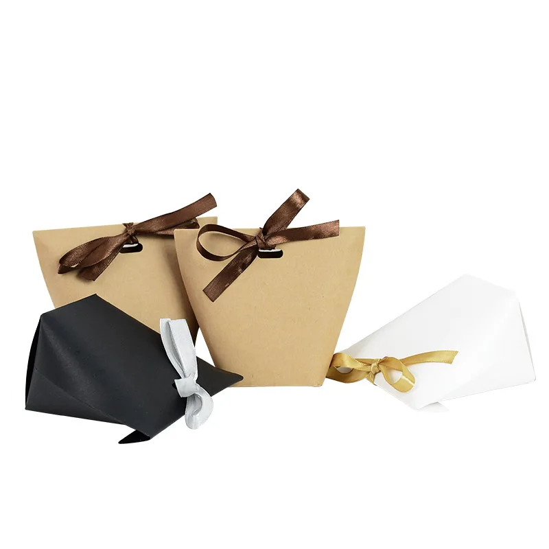 

5pcs Blank Kraft Paper Bag White Black Candy Bags with Ribbon Wedding Birthday Party Favors Gift Box Package Decoration Supplies