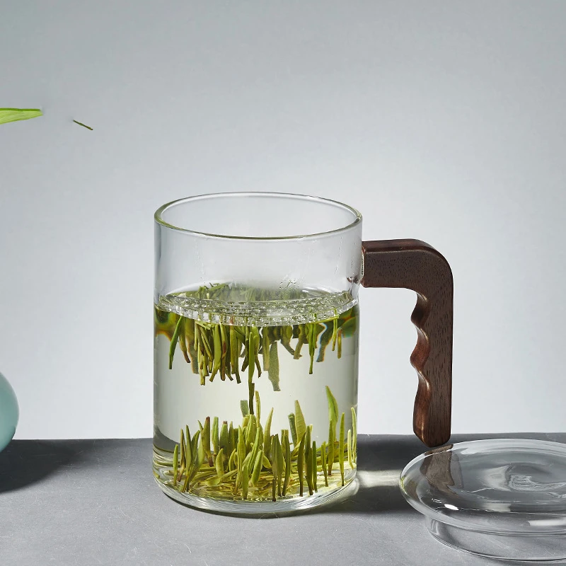 

Large capacity office Heat Resistant water tea glass cup with wooden handle 210415-02