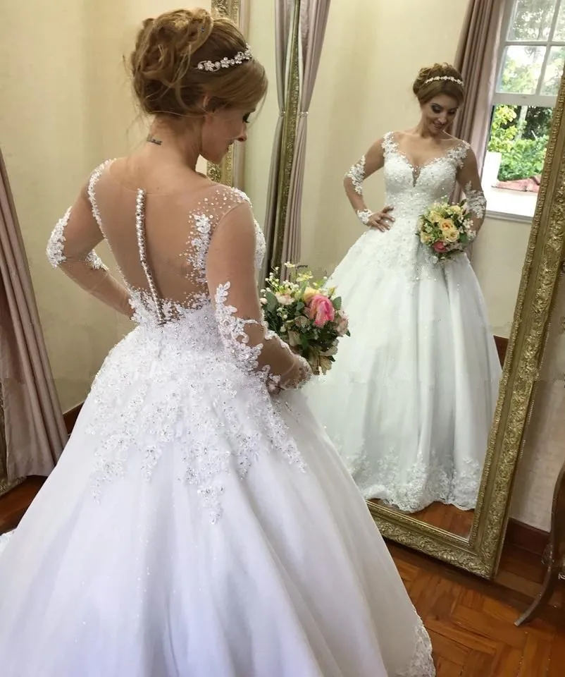 Роскошное платье Vestido De Noiva, блестящее кружевное бальное платье с длинным рукавом с бисером, свадебное платье, недорогое платье на заказ De Mariage