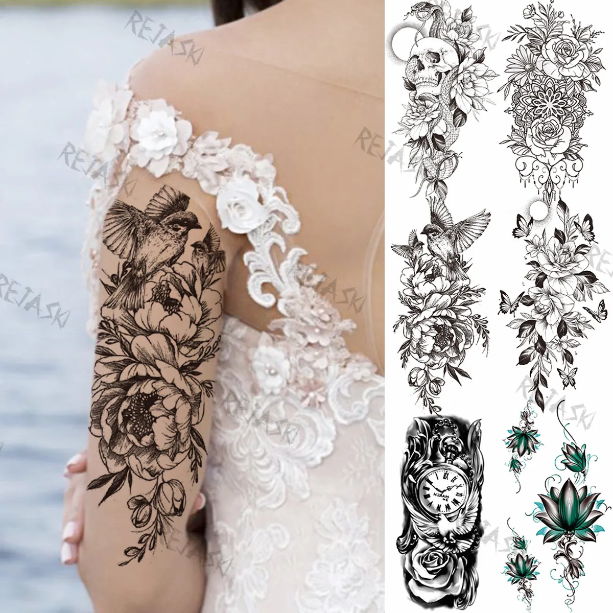 

Временные татуировки для женщин и девушек, 3D пион, цветок, птица, часы, Бабочка, Череп, кулон, Реалистичная поддельная татуировка, тату на рук...
