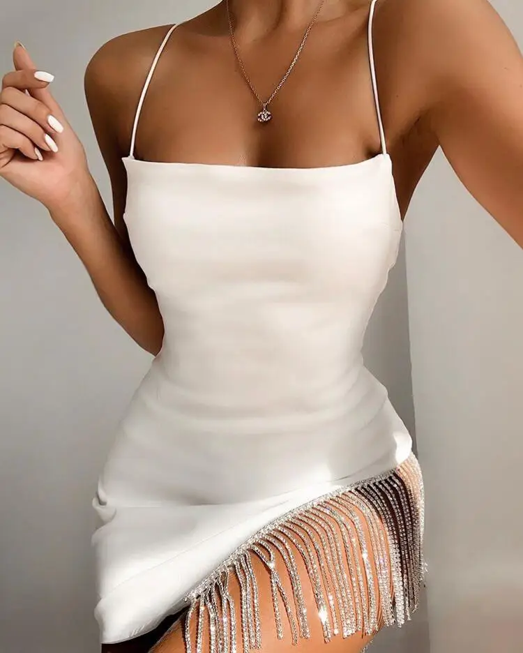 Женское вечернее платье без рукавов Белое Облегающее Платье с бахромой