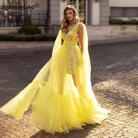 yellow tulle v neck prom dress floor length appliques lace formal evening party gowns vestidos de festa