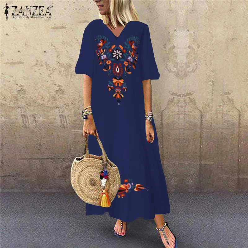 Bohemian Printed Maxi Dress ZANZEA Women's Sundress Summer Casual V-Neck Ruffle Vestidos Female Short Sleeve Floral Robe