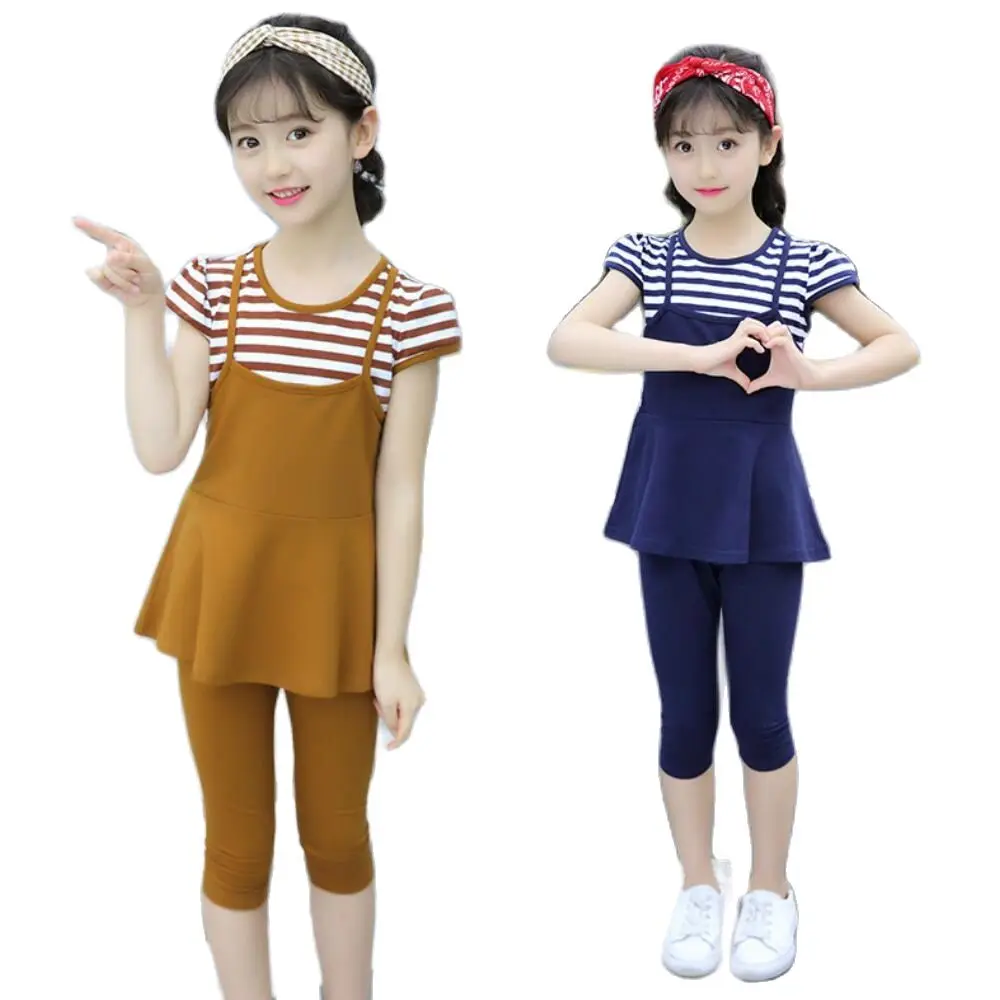 Одежда для девочек-подростков Костюм с платьем модные полоса накладные комплект