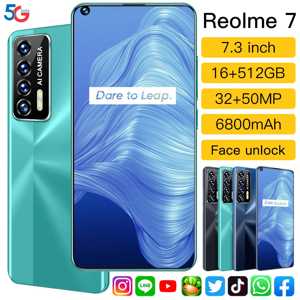 

2021 Global Version Reolme7 5G LTE Snapdragon888 Smartphone 16+512GB Deca Core Mobile Phone Sansumg Galay Face Unlock Cellphone