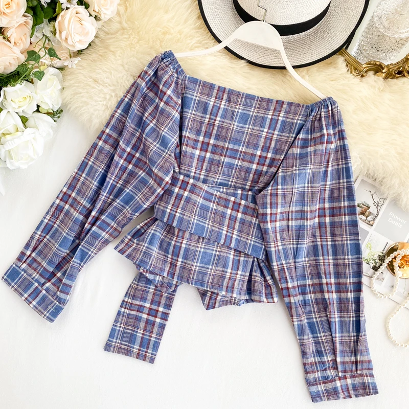 Новинка Женская Сексуальная Повседневная Блузка с открытыми плечами клетчатые