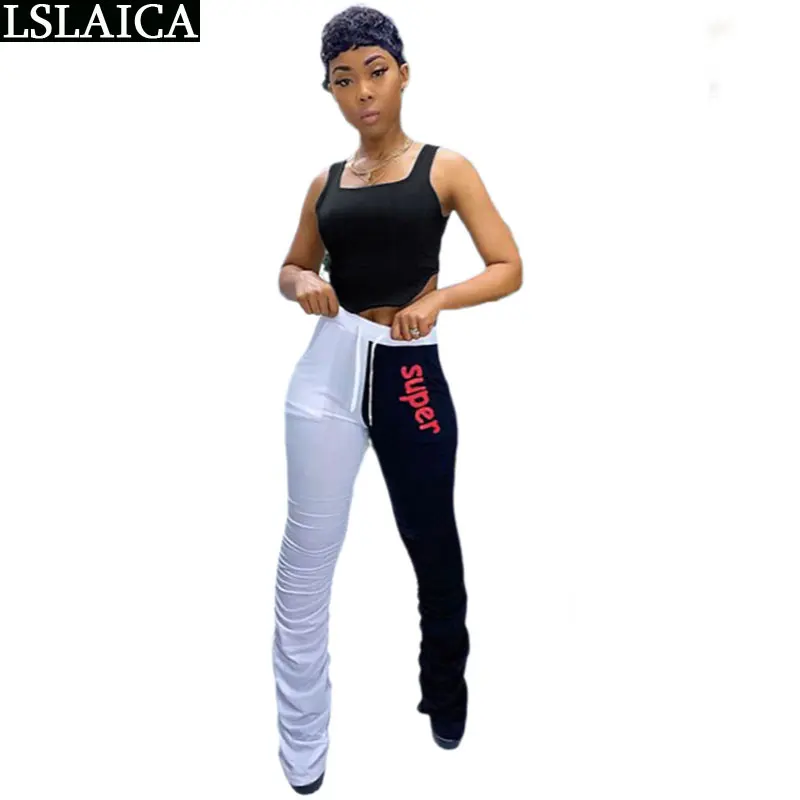 

Two Piece Set Crop Top&long Pant White Black Patchwork Sport Matching Sets Letter Print Fashion Casual Streetwear Vetement Femme