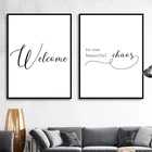 СЕМЕЙНЫЙ Знак входной двери, печать, добро пожаловать в наш красивый постер хаоса, черные белые картины на холсте, картина для гостиной, настенное искусство, Декор