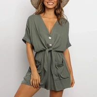 women summer casual buttons jumpsuits 2021 fashion solid pockets jumpsuit with belt v neck short sleeve female rompers playsuit
